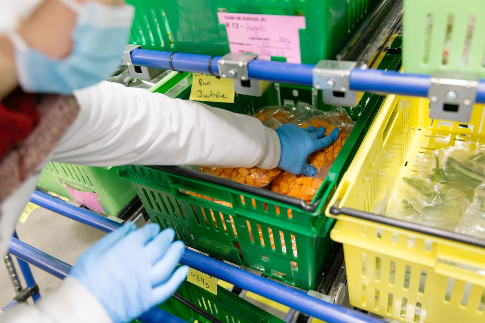 A worker wearing blue latex gloves and a white coat reaches into a plastic bin containing bags of chopped carrots.