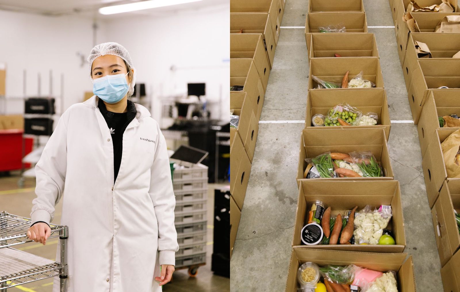A diptych. On the left, Sang Le, a young woman wearing a hairnet, mask and white prep coat in a warehouse space. On the right, three neat columns of cardboard boxes full of produce and other provisions.