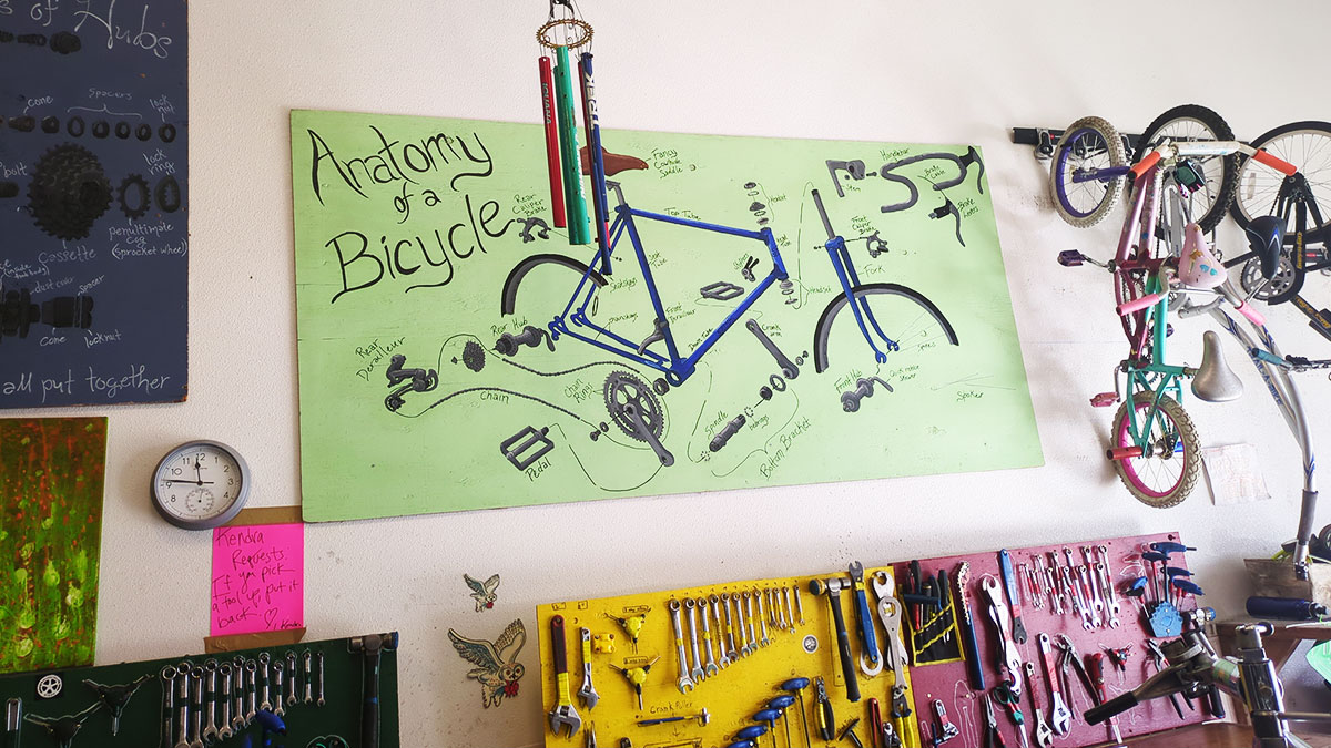 A poster on the wall shows a diagram of bicycle anatomy.